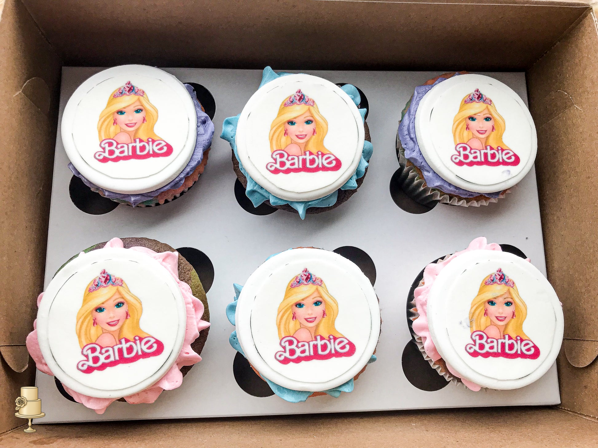 Box of 6 cupcakes with Barbie-themed frosting